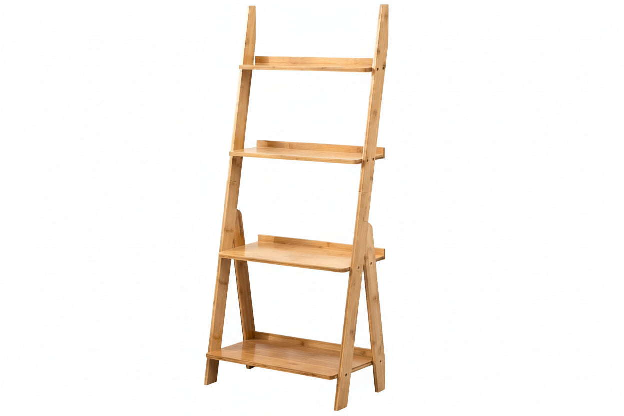 Bamboo Ladder Shelf Bookcase, 4-Tier Leaning Bookshelf Free Standing Organizer Storage Shelves for Living Room, Bedroom, Kitchen, Home Office, Balcony, Wood Color