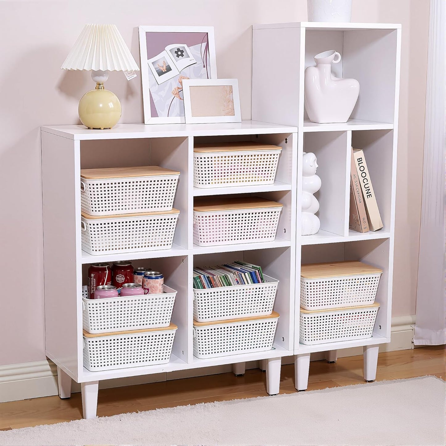 Small Storage Bins with Lids 6 Packs, Plastic Storage Basket with Bamboo Lid for Pantry Organization and Storage Containers for Shelves Drawers Desktop Closet Playroom Office Home, White