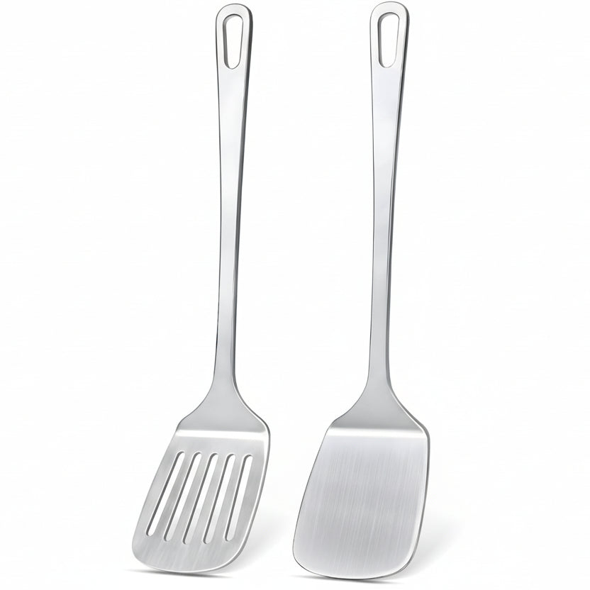 2 Pcs Stainless Steel Spatulas Set, Metal Spatula Solid & Slotted Turner, Heavy Duty Sturdy Spatula for Kitchen Use, High Heat Resistant Cooking Utensils for Fish Eggs Pancakes, Easy to Clean, Silver