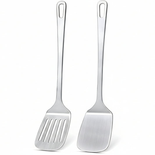 2 Pcs Stainless Steel Spatulas Set, Metal Spatula Solid & Slotted Turner, Heavy Duty Sturdy Spatula for Kitchen Use, High Heat Resistant Cooking Utensils for Fish Eggs Pancakes, Easy to Clean, Silver