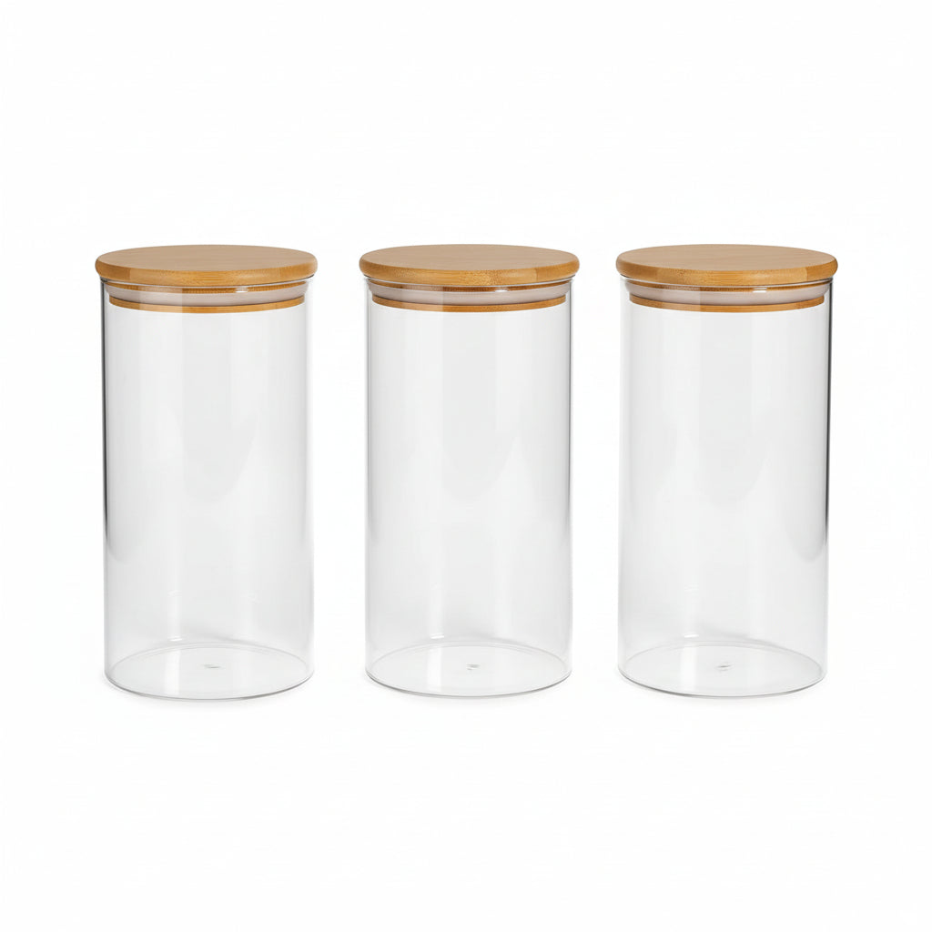 Glass Spaghetti Pasta Storage Container with Lids 2 Qt Set of 3, Tall Clear Airtight Food Storage Jar with Wood Cover Kitchen Pantry Storage Container for Noodles Flour Cereal Coffee Beans