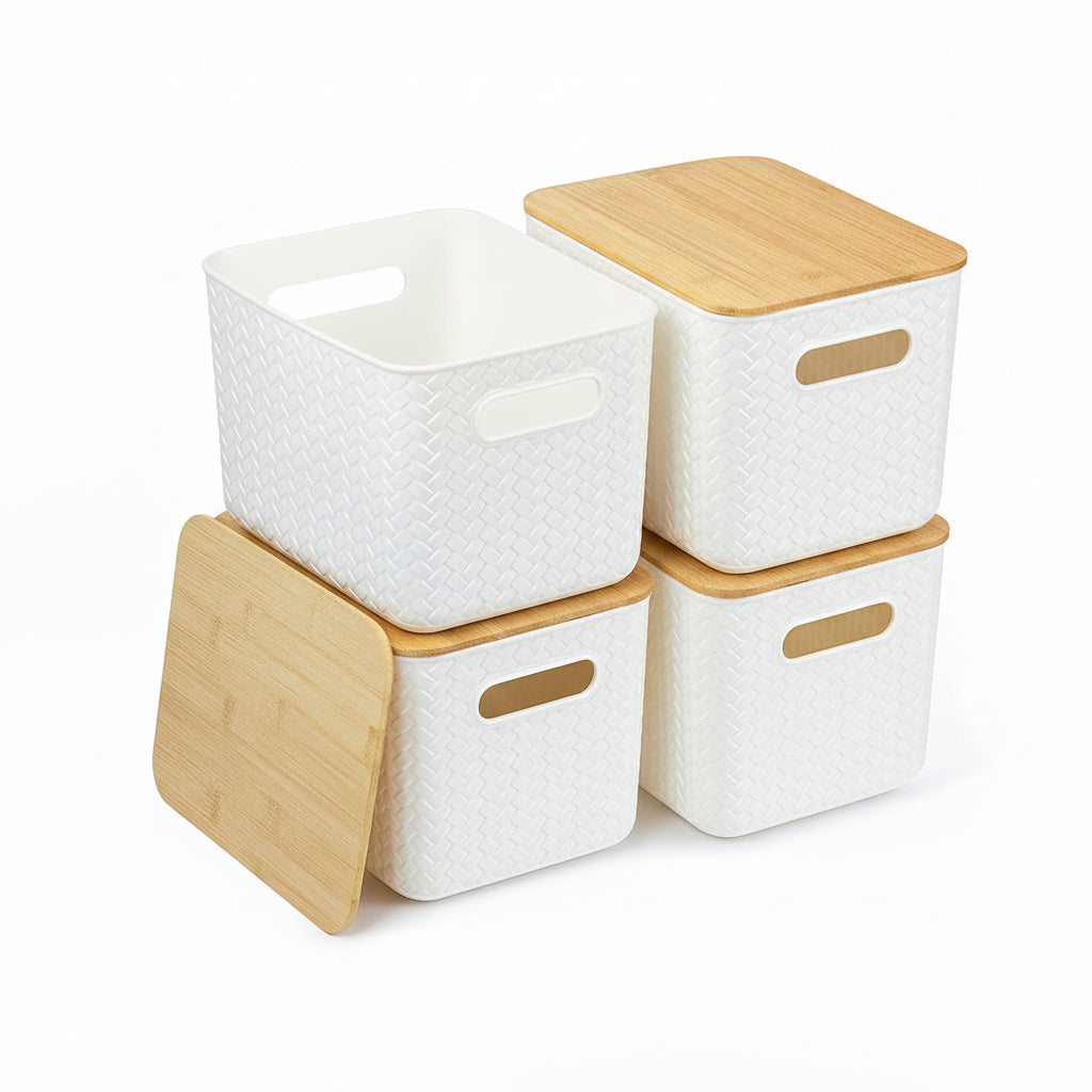 4 Packs Storage Bins with Bamboo Lids - Plastic Storage Containers with Lids Stackable Storage Box：Storages Baskets for Organizing Desktop Closet Playroom Classroom Office,White