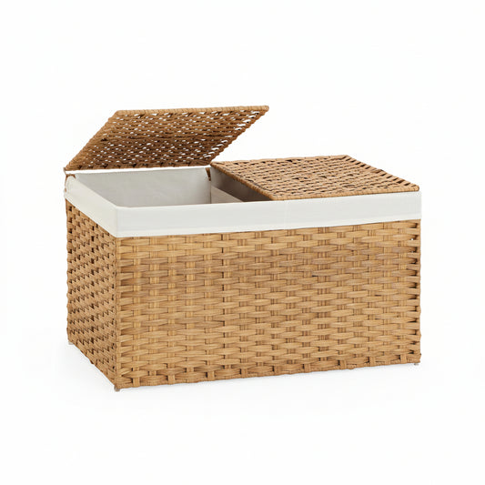 Storage Basket with Lid Rattan Woven Storage Baskets with 2 Separate Lids, 17.2 Gallon (65 L), 22 X 13 X 13.8 Inches,Foldable, 2 Removable Liner Bags Handles for Bedroom, Laundry Room Natural