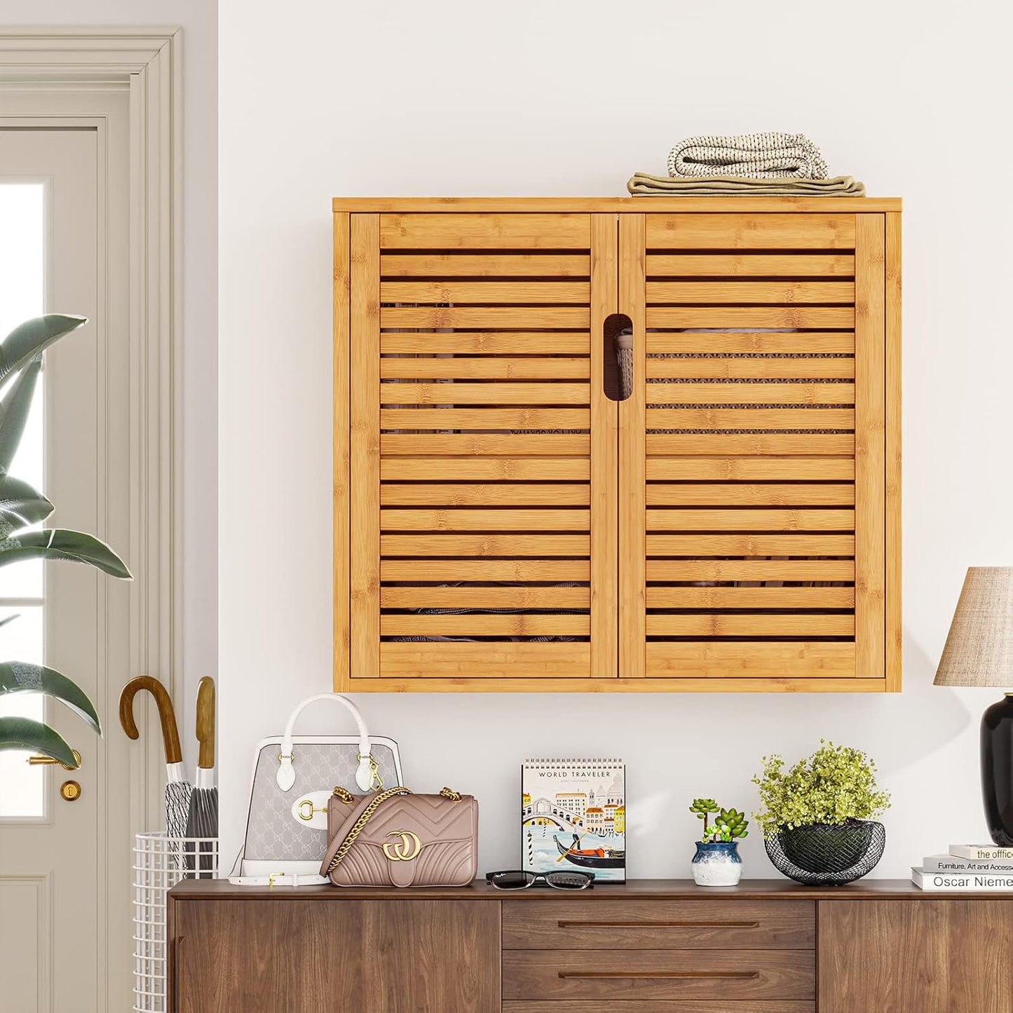 Wall Cabinet Bathroom Storage Cabinet Wall Mounted with Adjustable Shelves Inside, Double Door Medicine Cabinet, Utility Cabinet Organizer over Toilet, Bamboo, 23.2''Lx8.1''Wx20.4''H