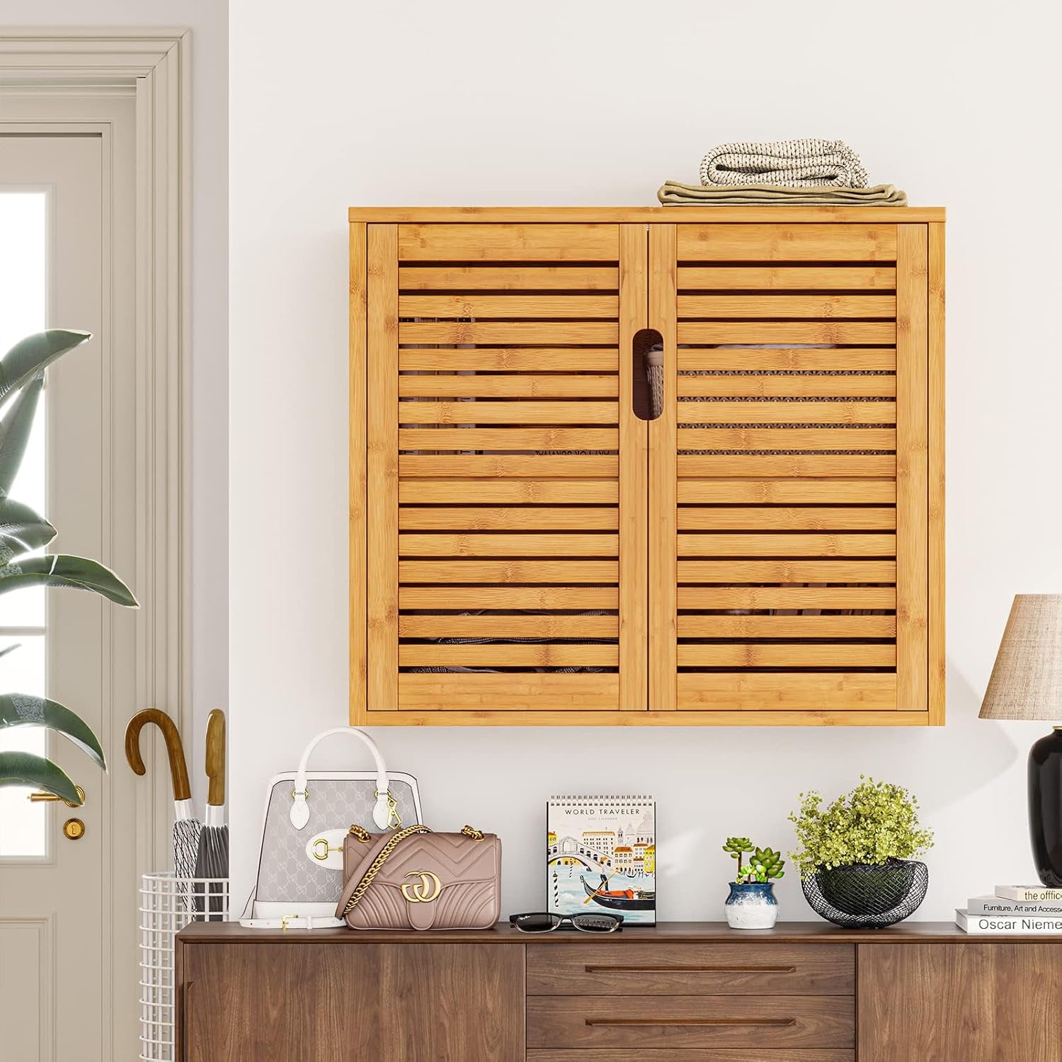 Wall Cabinet Bathroom Storage Cabinet Wall Mounted with Adjustable Shelves Inside, Double Door Medicine Cabinet, Utility Cabinet Organizer over Toilet, Bamboo, 23.2''Lx8.1''Wx20.4''H