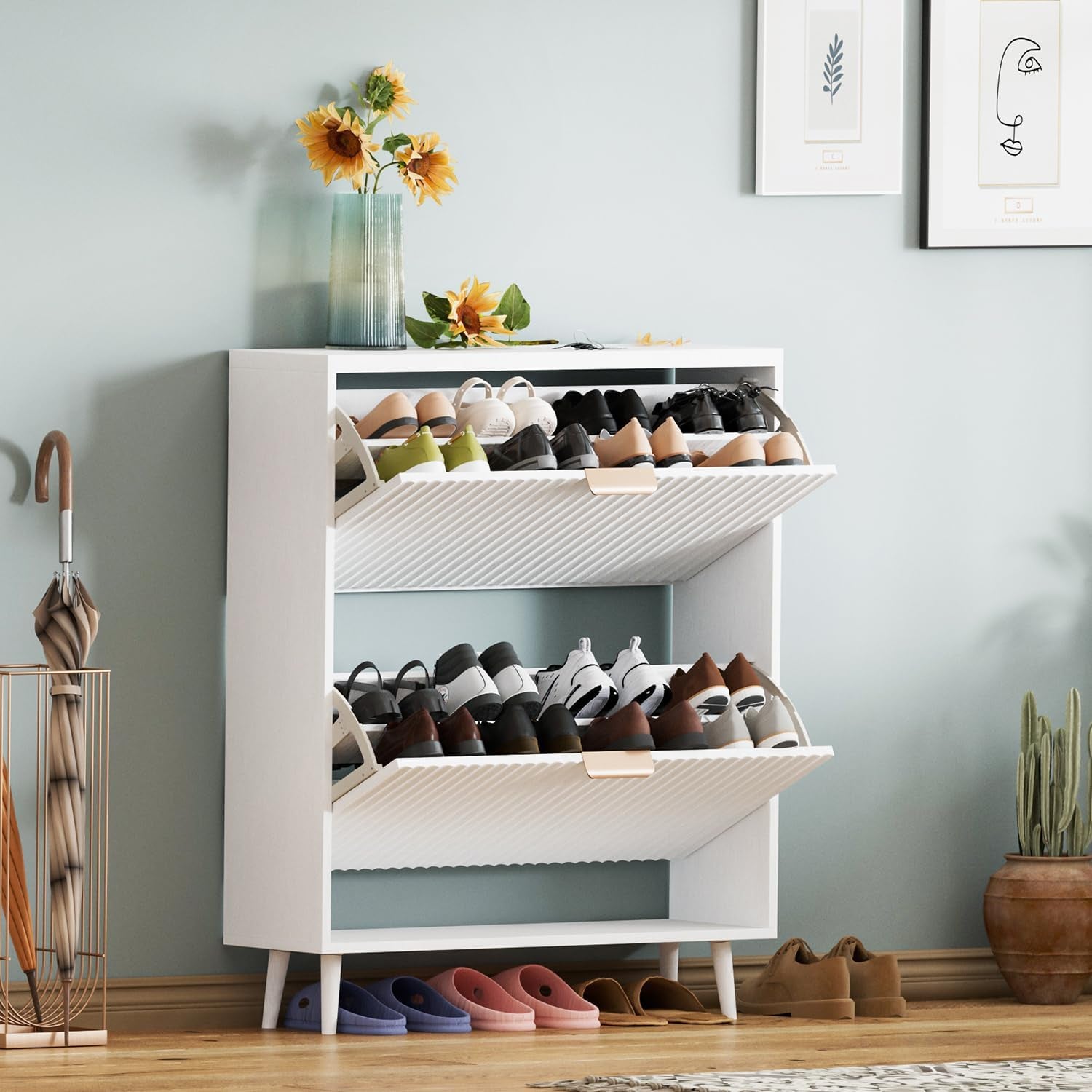 Shoe Cabinet Storage,Modern Freestanding Organizer with 2 Flip Drawers,Narrow Shoe Rack Cabinet for Entryway,White