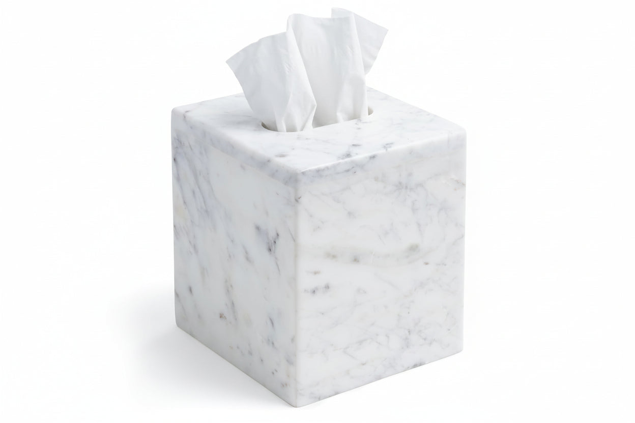 Marble Tissue Box Cover for Kleenex and More, Decorative Cube Style Holder, Large Square Facial Tissue Dispenser Container for Home, Real Solid White Marble Bathroom Accessory