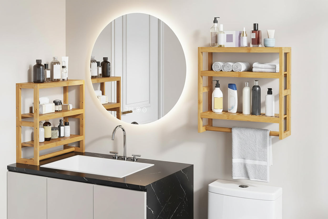 Bathroom Shelves with Hanging Bar over Toilet Storage - Adjustable Wall Organizer (Natural)