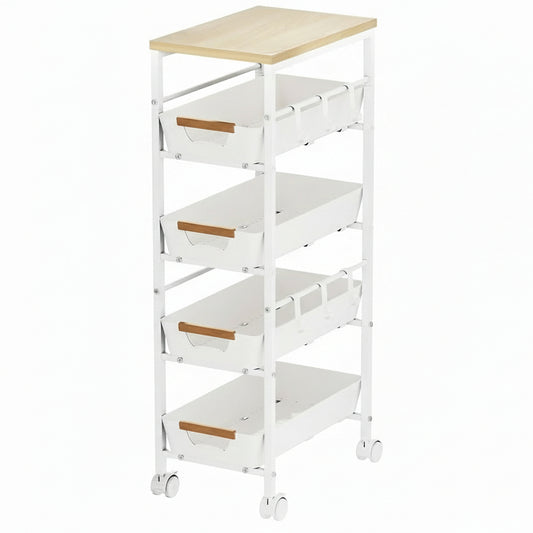 5-Tier Slim Storage Cart, Wooden Top Rolling Kitchen Cart with Pull-Out Baskets & Wheels, Narrow Space Utility Cart Slide Out Organizer for Kitchen, Bathroom, Laundry Room, White