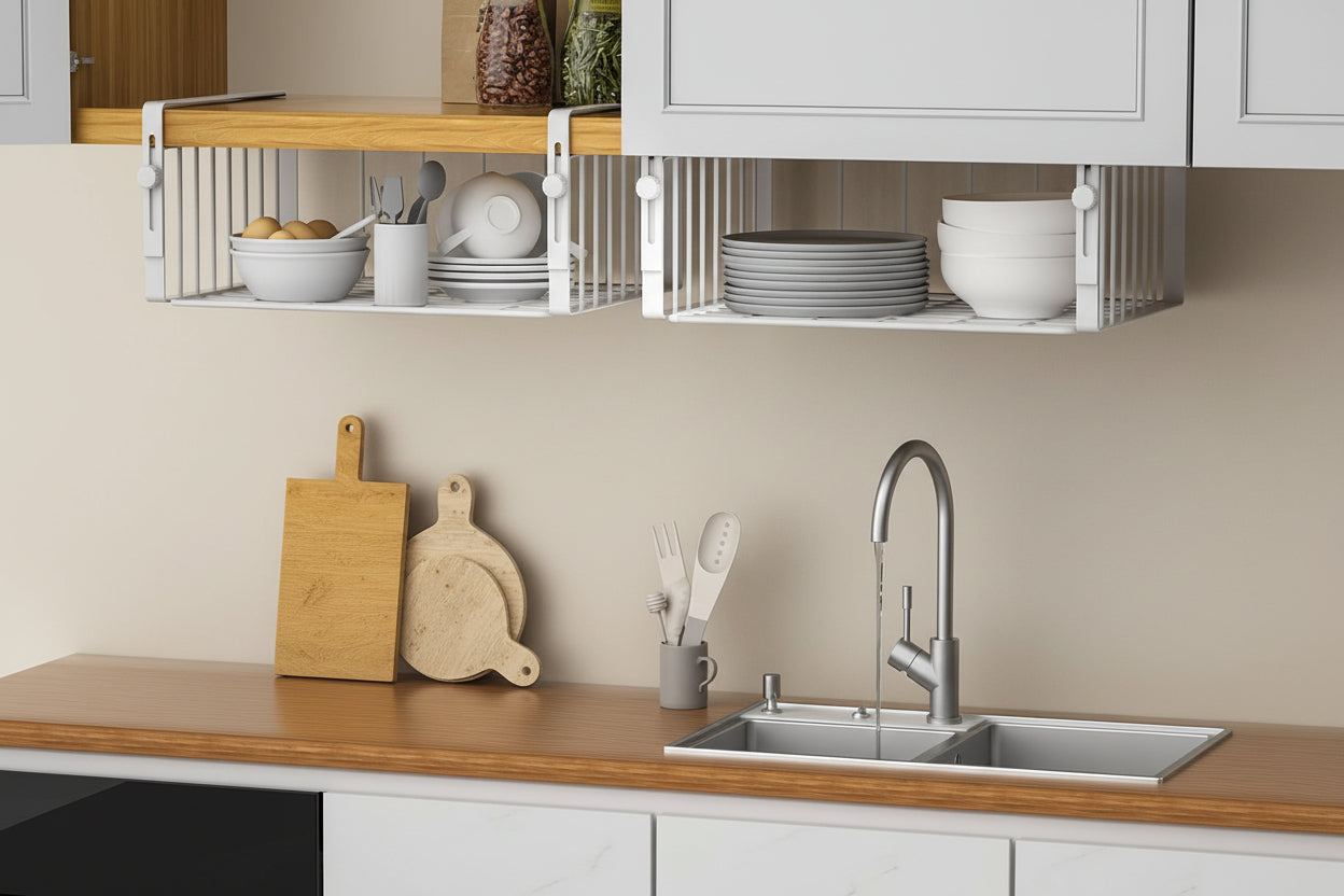 2Pack under Shelf Basket Organizer,Adjustable Hanging Holder Storage for Cabinet Pantry Kitchen Cupboard Desk Counter Bookshelf Organization Add-On Space Saver Heavy Duty Slide-In,White