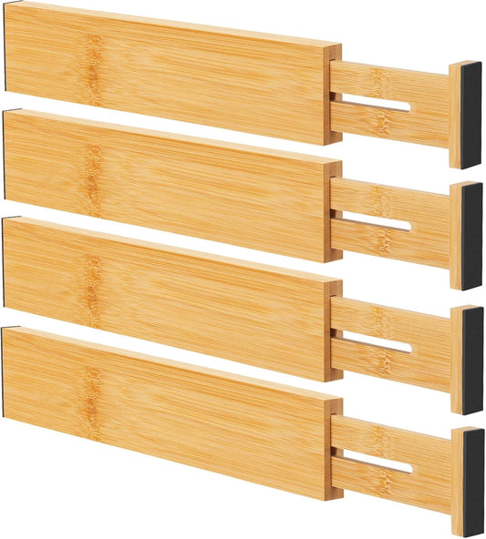 Bamboo Drawer Dividers Organizers, Kitchen Drawer Organizer, Adjustable Drawer Divider for Clothes, Kitchen, Dresser, Bedroom, Bathroom and Office, 4-Pack (White, 12-17 IN)