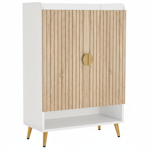 Shoe Cabinet with Doors, 7-Tier Shoe Storage Cabinet with Adjustable Shelves, Wooden Shoes Rack Shoe Storage Organizer for Entryway, Hallway, Closet, Living Room, Wood and Gold