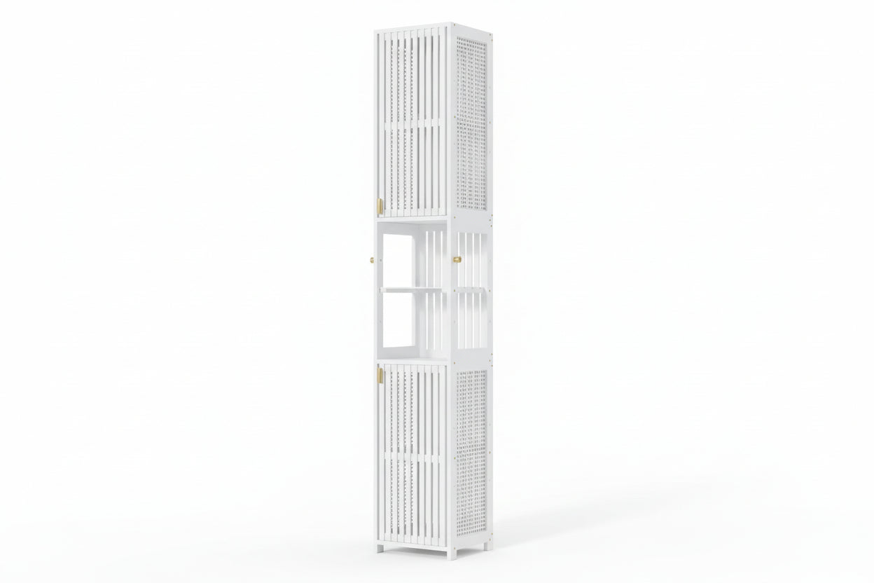 70'' Tall Bathroom Storage Cabinet Bamboo, Slim Storage Cabinet with Rattan Door and Adjustable Shelves, Narrow Freestanding Organizer for Living Room Kitchen, White