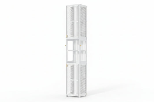70'' Tall Bathroom Storage Cabinet Bamboo, Slim Storage Cabinet with Rattan Door and Adjustable Shelves, Narrow Freestanding Organizer for Living Room Kitchen, White