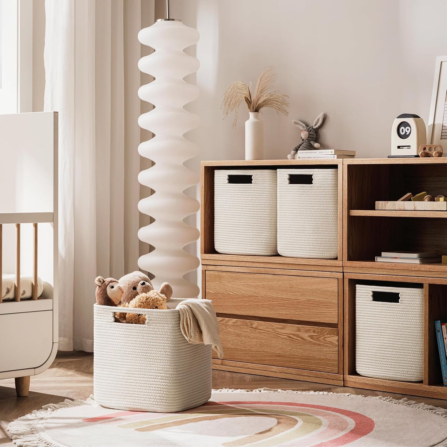 Set of 4 Storage Cubes-13 X 13 X 13 In, Cotton Rope Basket for Shelves, Toys, Book, Cube Storage Bin with Handles, Woven Storage Basket for Organizing, Beige