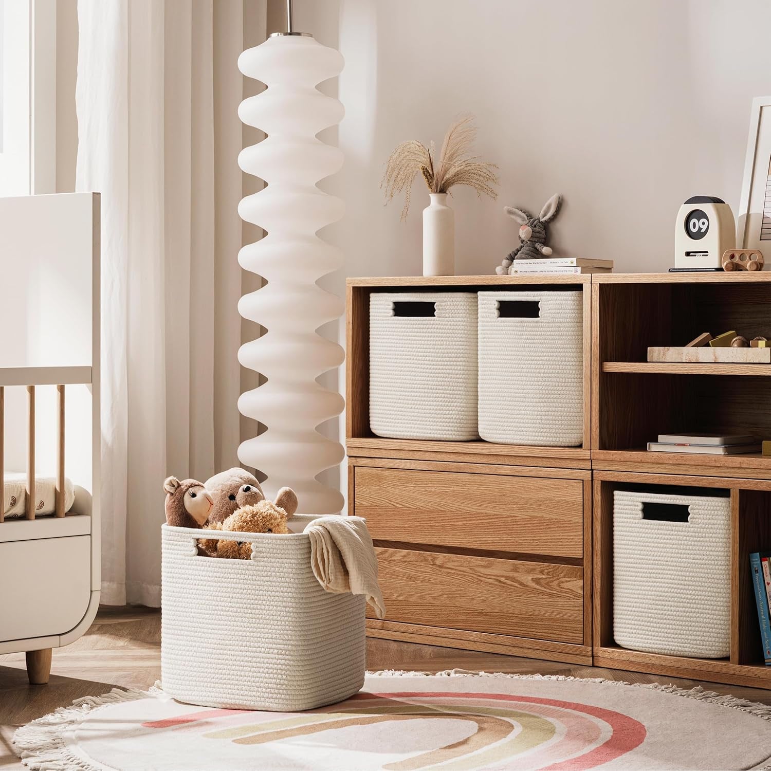 Set of 4 Storage Cubes-13 X 13 X 13 In, Cotton Rope Basket for Shelves, Toys, Book, Cube Storage Bin with Handles, Woven Storage Basket for Organizing, Beige