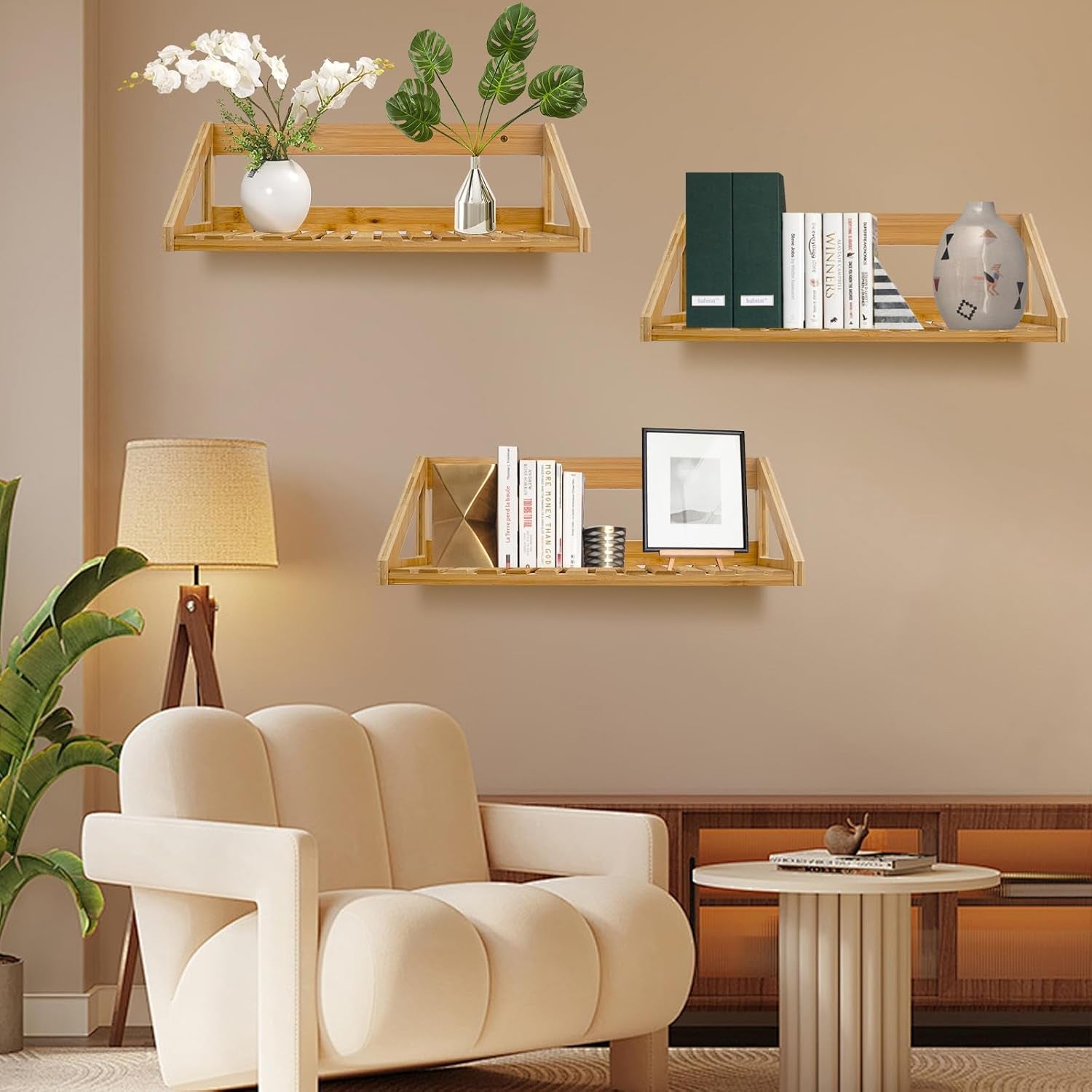 Floating Shelves Wall Mounted, 3 Pcs Solid Bamboo Wall Hanging Rack Holder, Wall Storage Shelves for Bedroom, Living Room, Bathroom, Kitchen, Office Decor