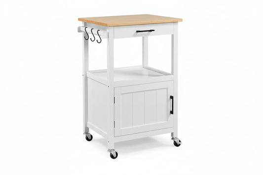 Kitchen Island Cart with Storage, Rolling Kitchen Island on Wheels with 6 Side Hooks, Wood Top Microwave Cart with Drawer for Dining Room, White