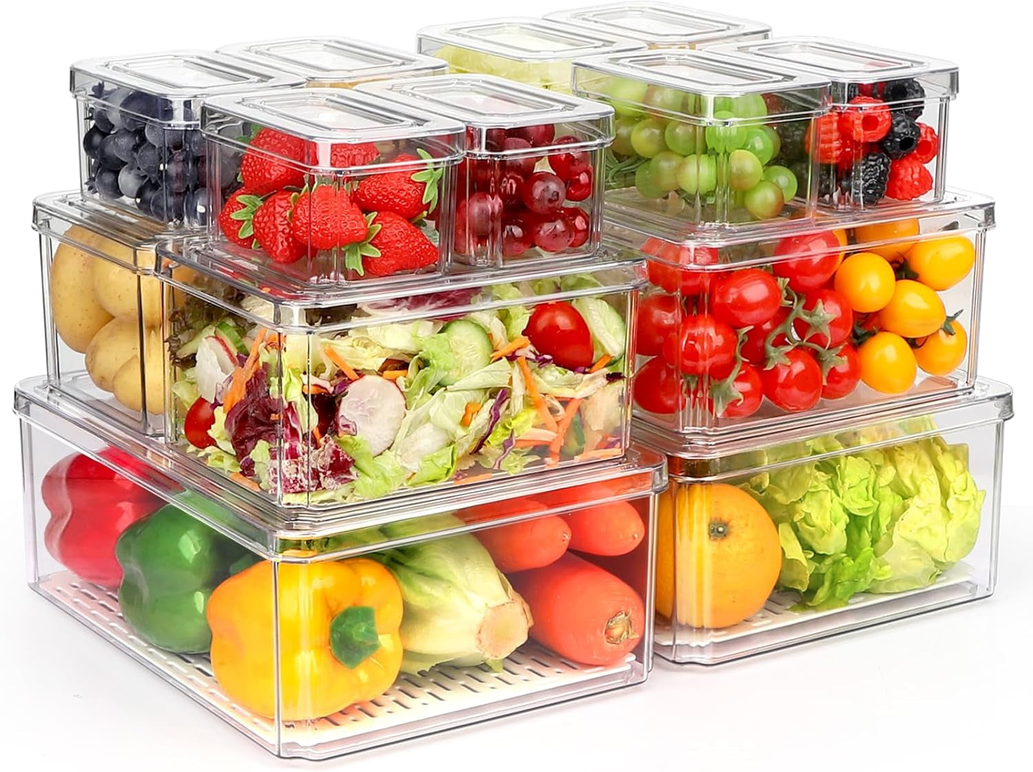 10 Pack Refrigerator Pantry Organizer Bins, Stackable Fridge Organizer Bins with Lids, Clear Plastic Food Storage Bins for Kitchen, Countertops, Cabinets, Fridge, Drinks, Fruits, Vegetable, Cereals