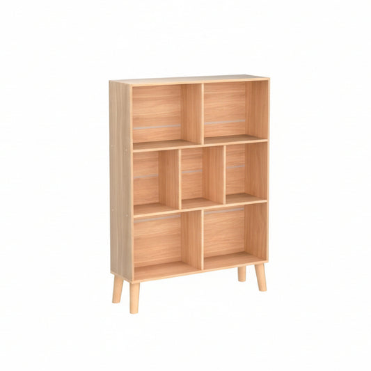 Wooden 7 Cube Book Shelf, Natural 3 Tier Bookshelf with Legs, Modern Open Storage Organizer,Boho Bookcase,Display Cabinet Shelf Free Standing Bookshelves for Bedroom,Living Room,Office