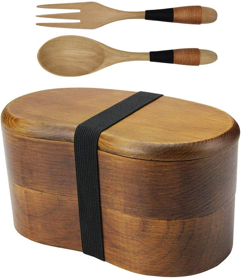 Wood Bento Box, Lunch Boxes, Japanese Traditional Natural Square Wooden Lunch Containers Women'S Men'S Adult Wood Bento Box with Spoon Fork Kit