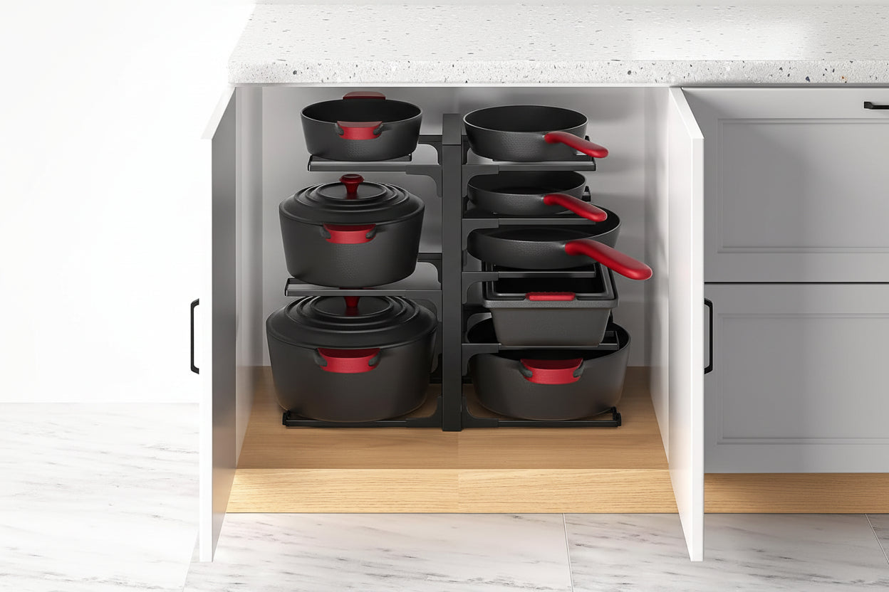 8-Tier Pots and Pans Organizer under Cabinet, 15.83" Height Heavy Duty Pot Pan Organizer Kitchen Cabinet Organization and Storage, Adjustable Pot Rack for Frying Pan, Cast Iron Skillet, Black