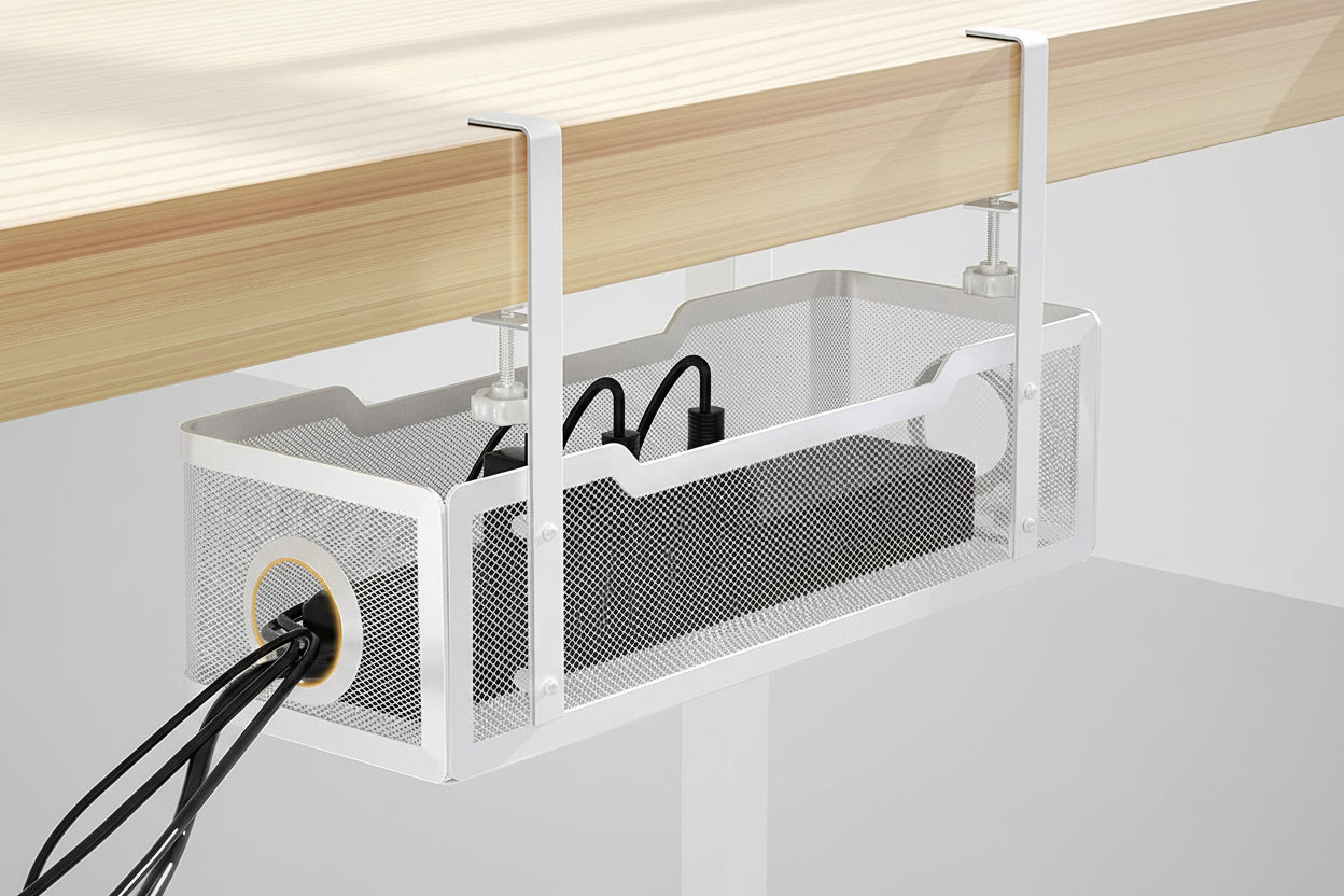 Under Desk Cable Management Tray White,  Wire Organizers No Drill, Cable Tray with Clamp for Wire Management, Cord Organization Box for Office, Home - No Damage to Desk