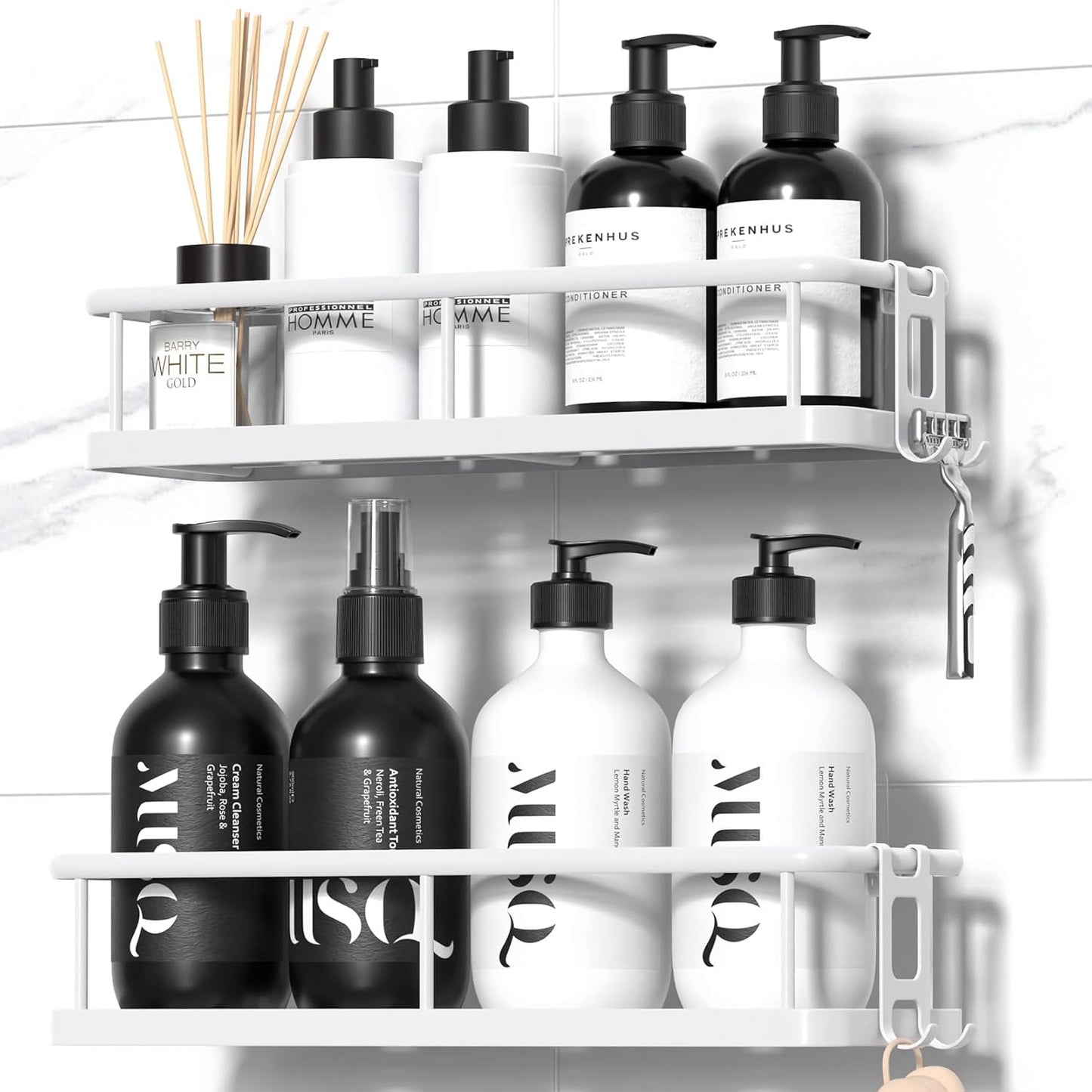 Shower Caddy Adhesive, No Drill Bathroom Shower Organizers, with Removable Hooks, Rust Proof Shower Shelves, Wall-Mounted Shower Holder, 2 Pack Silver