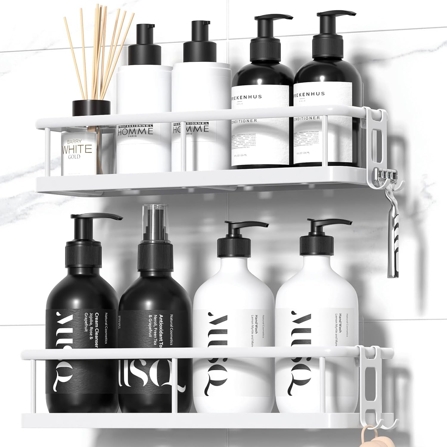 Shower Caddy Adhesive, No Drill Bathroom Shower Organizers, with Removable Hooks, Rust Proof Shower Shelves, Wall-Mounted Shower Holder, 2 Pack Silver