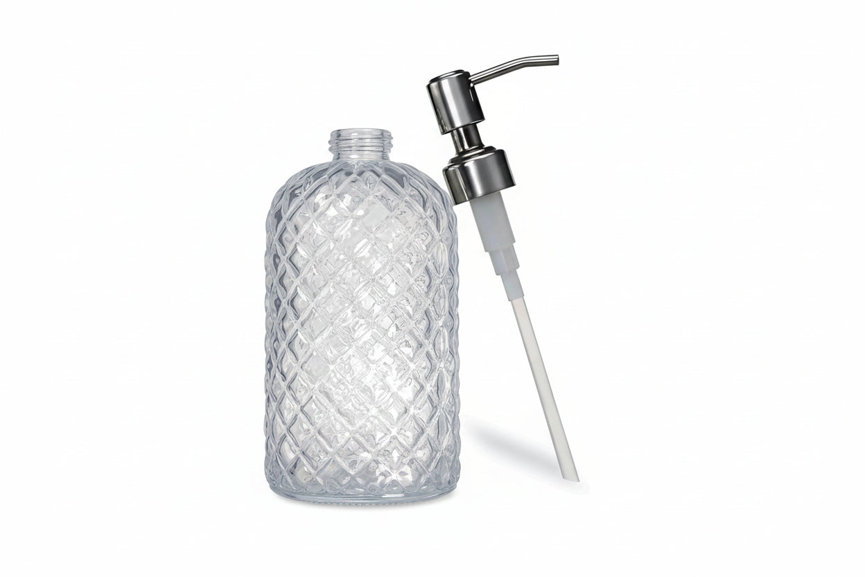 18Oz Gem Patterned Clear Glass Soap Dispenser with Rust Proof Pump, Refillable Hand Soap Dispenser for Kitchen, Premium Bathroom Soap Dispenser for Dish Soap, Hand Soap, Lotion(Clear).