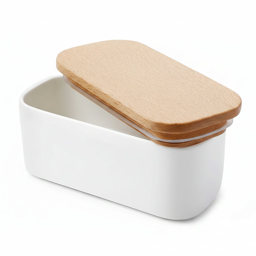 Large Butter Dish - Airtight Butter Keeper Holds up to 2 Sticks of Butter - Porcelain Container with Beech Wooden Lid, White