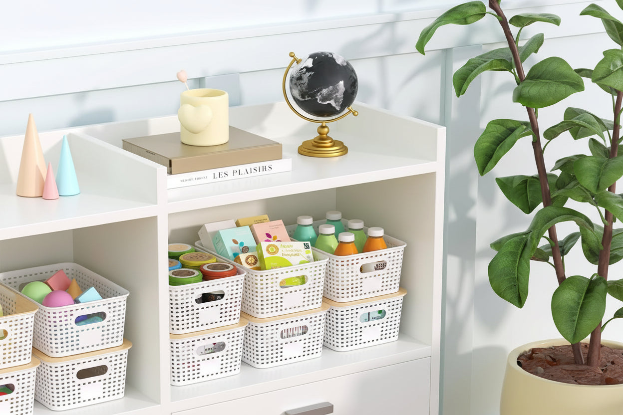 Plastic Storage Baskets with Bamboo Lid - Plastic Storage Containers Stackable Storage Bins: Storage Baskets for Organizing Shelves Drawers Desktop Closet Playroom Classroom Office, 6 Pack