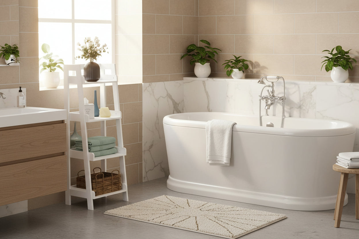 4-Tier Ladder Shelf, Bathroom Shelf Freestanding, 4-Shelf Spacesaver Open Wood Shelving Unit, Ladder Shelf (White)