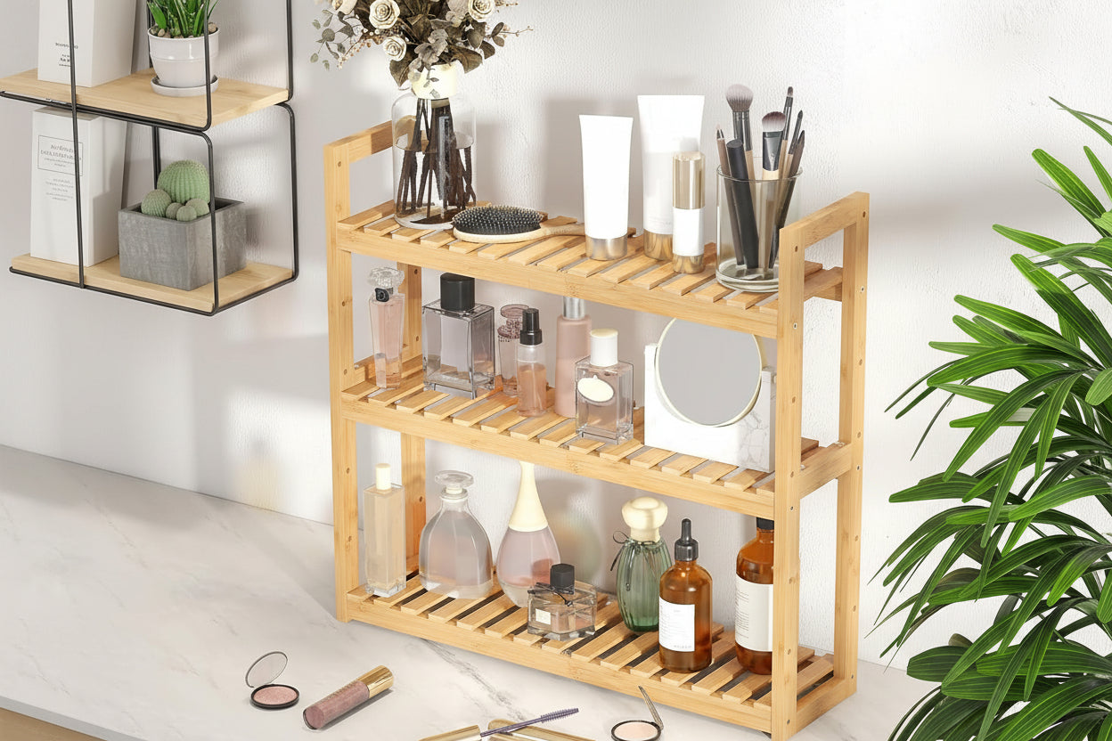 Bamboo Organizer Rack - Adjustable 3-Tier Storage Shelf, Wall Mounted or over the Toilet, Living Room, Kitchen (Natural)