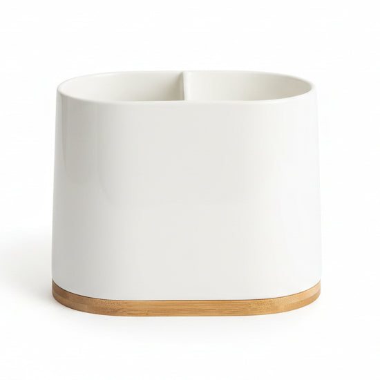 ® White Large Oval Utensil Holder with Bamboo Wooden Base