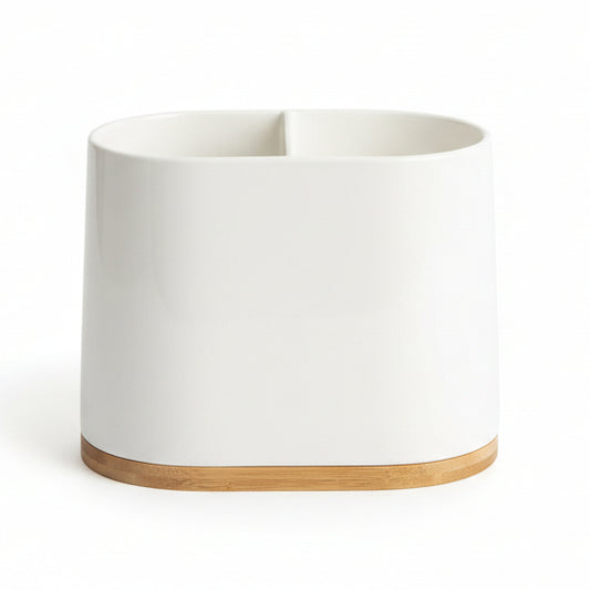 ® White Large Oval Utensil Holder with Bamboo Wooden Base