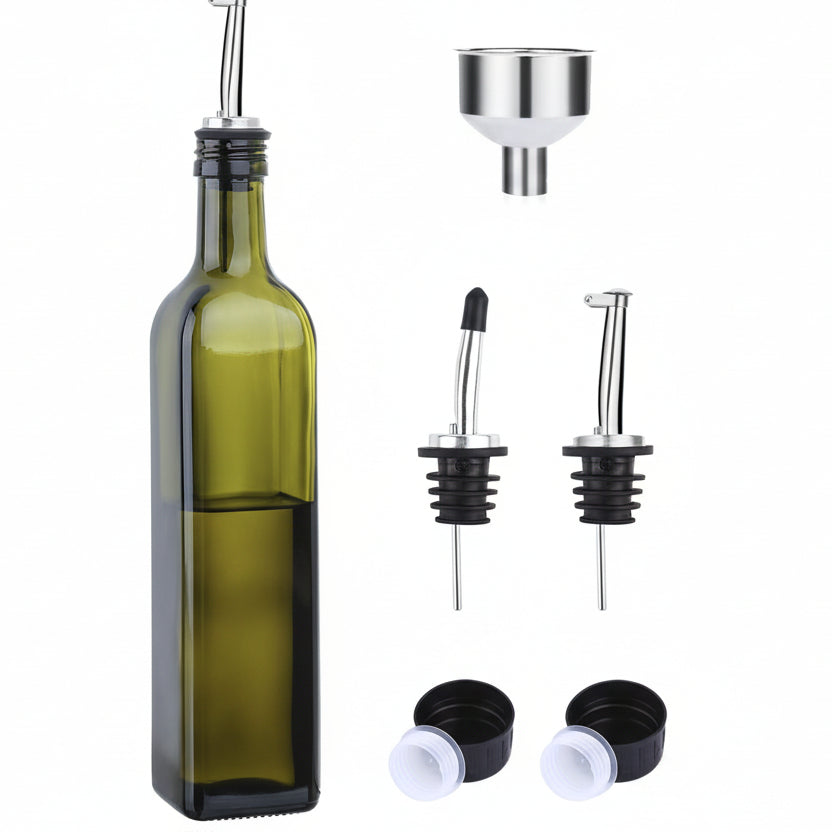 17Oz Glass Olive Oil Bottle Dispenser - 500Ml Green Oil and Vinegar Cruet with Pourers and Funnel - Olive Oil Carafe Decanter for Kitchen