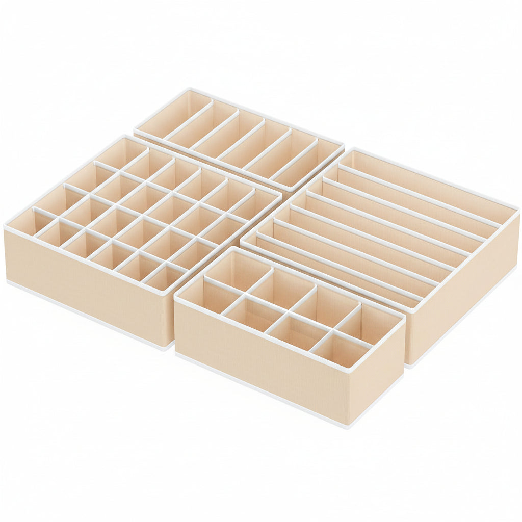 4-Pack Drawer Organizer Set - Closet Dividers for Underwear, Socks, Bras, Scarves, Ties - Foldable Non-Woven Storage Boxes, Beige