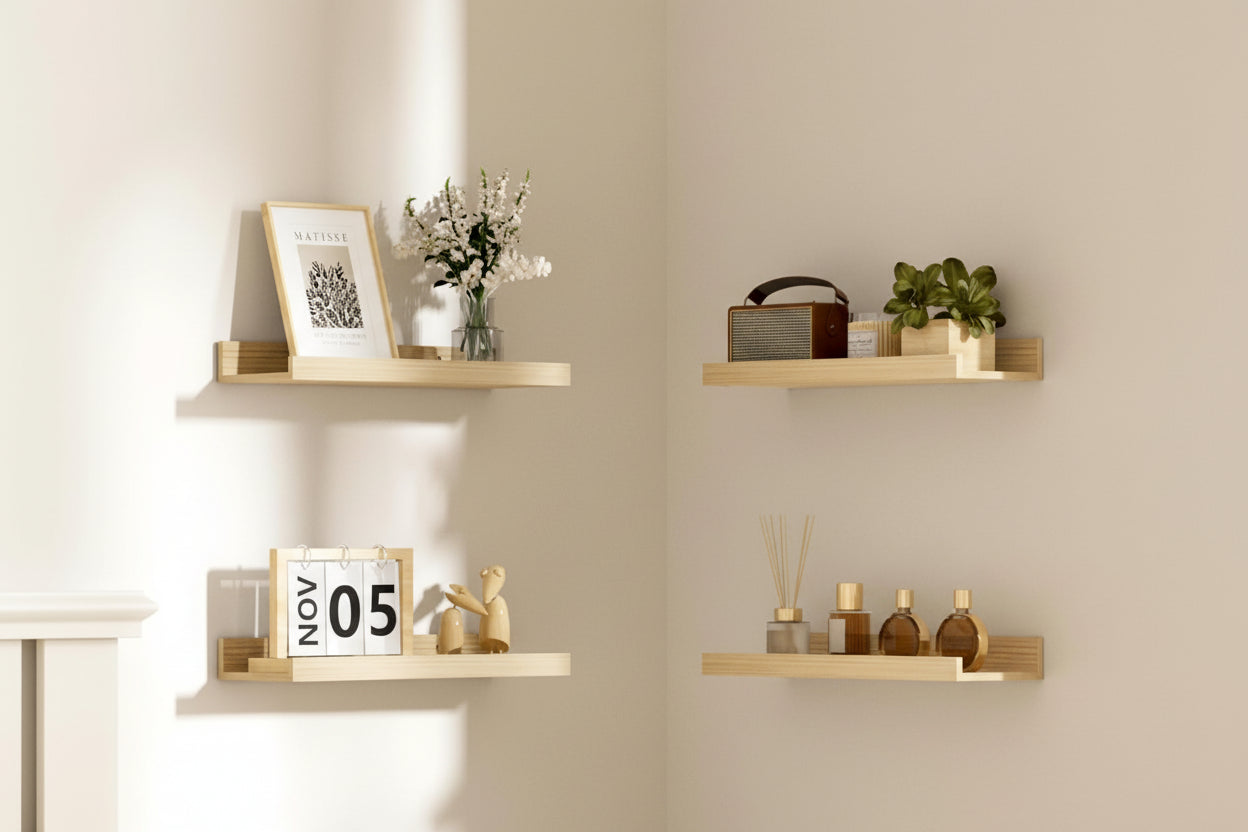 Floating Shelves for Wall, Wall Shelves for Decor Storage Set of 6, Wall Mounted Wood Shelf for Bedroom, Living Room, Bathroom, Kitchen, Picture Ledge Shelves, Natural