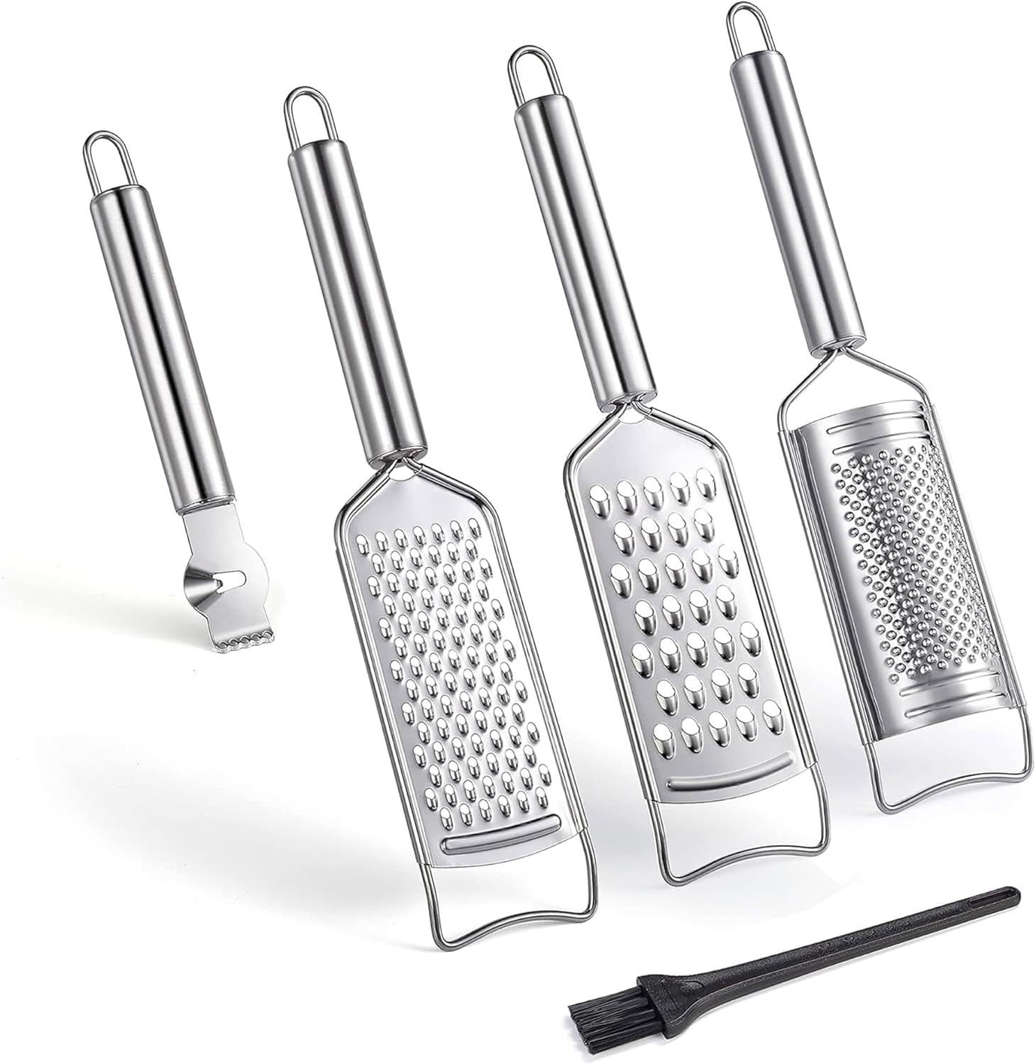 Stainless Steel Cheese Grater Set, Set of 5 Kitchen Grater & Peeler & Slicer, Lemon Zester with Cleaning Brush for Vegetable, Fruit, Chocolate