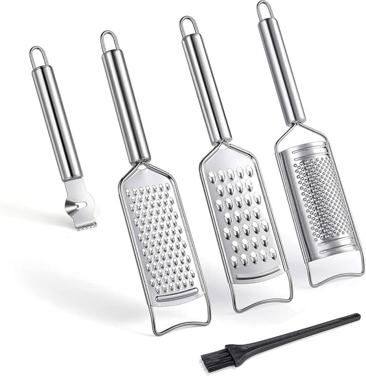 Stainless Steel Cheese Grater Set, Set of 5 Kitchen Grater & Peeler & Slicer, Lemon Zester with Cleaning Brush for Vegetable, Fruit, Chocolate
