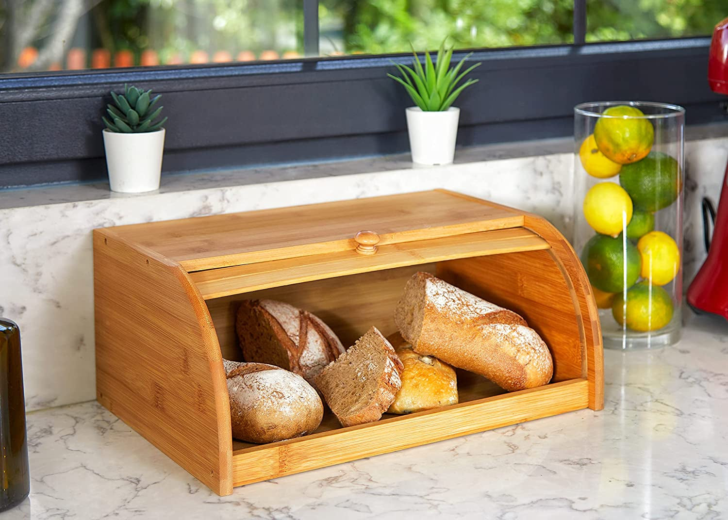 Natural Bamboo Roll Top Bread Box Kitchen Food Storage - Assembly Required