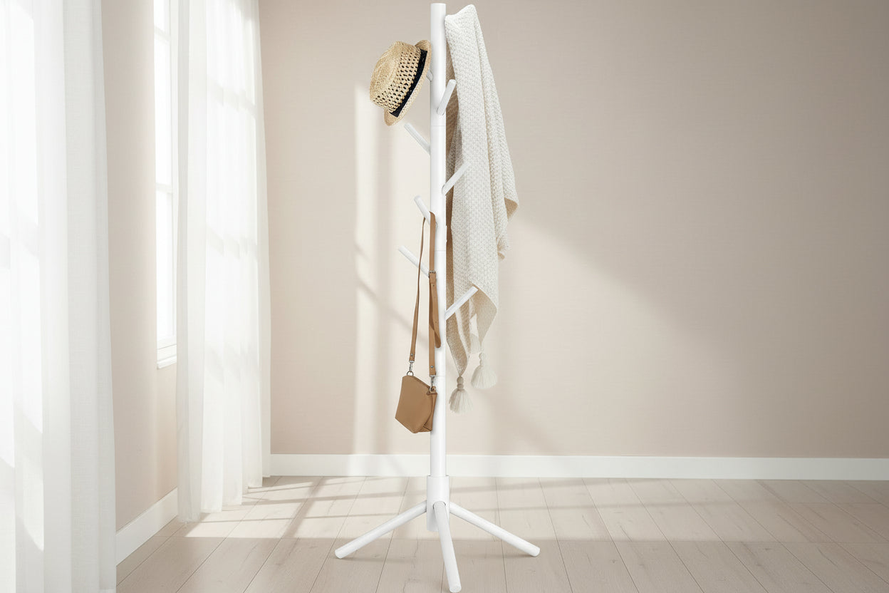 Wooden Coat Rack Stand with 8 Hooks New Zealand Pine 3 Adjustable Coat Standing Tree Easy Assembly for Coats, Hats, Scarves and Handbags for Entryway, Hallway, Bedroom, Office