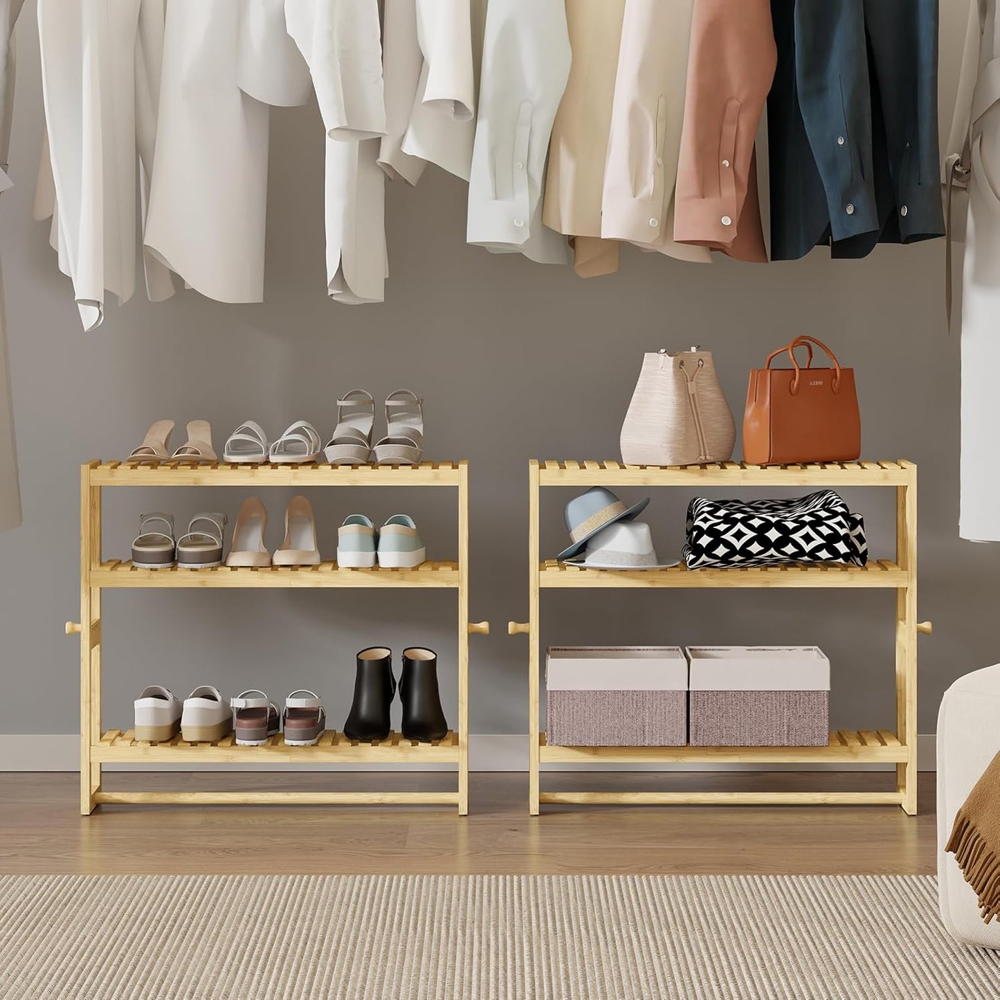 Bathroom Shelf Storage Organizer, Bathroom Shelf 3-Tier Adjustable Layer Bamboo Organizer with Bar, Hanging, Freestanding over Toilet Utility Shelves, Beige