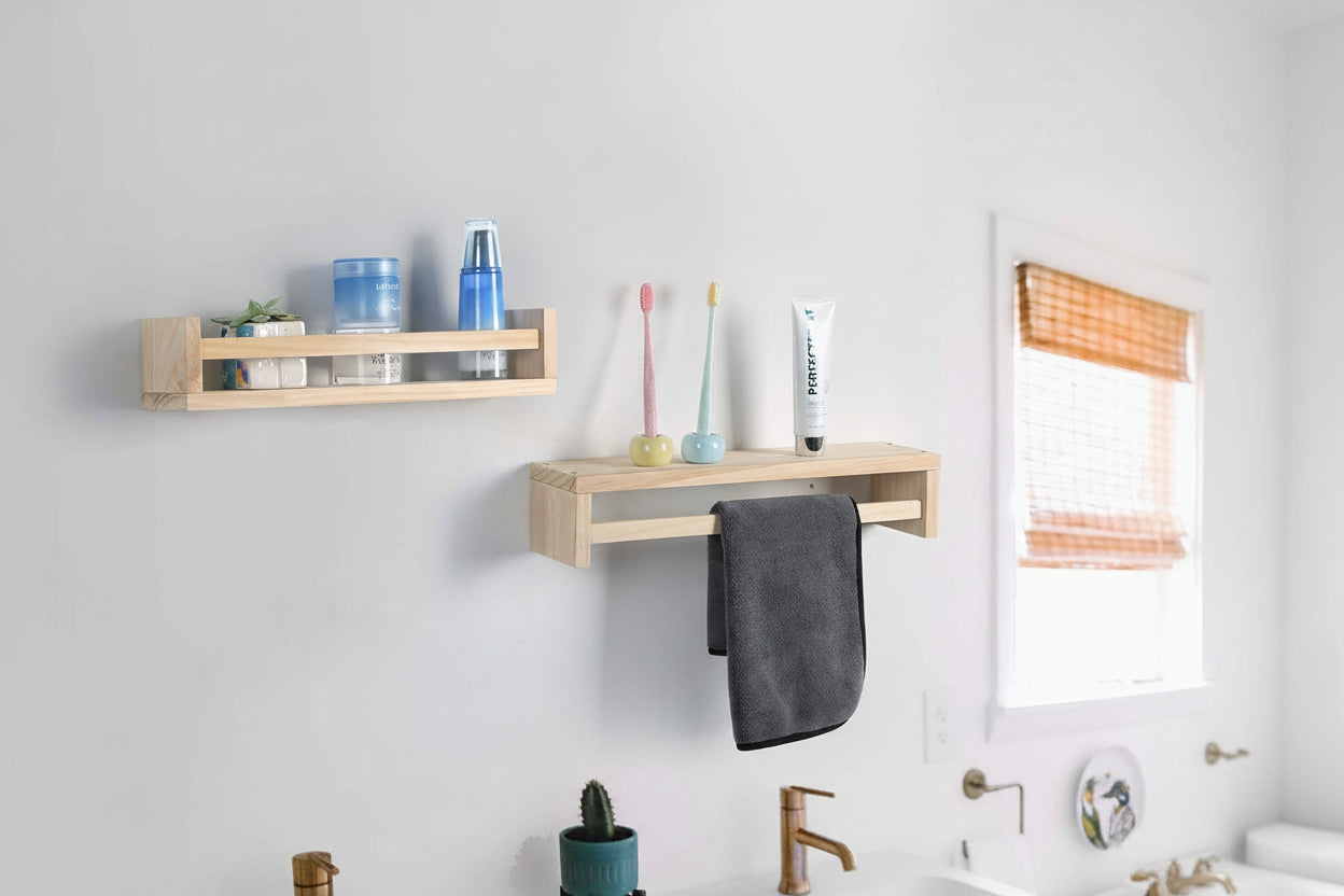 Nursery Book Shelves, Set of 2 Wood Floating Book Shelves for Kids Room, Kitchen Spice Rack, or Rustic Wall Mounted Shelves for Farmhouse Bathroom Décor (Natural Wood)