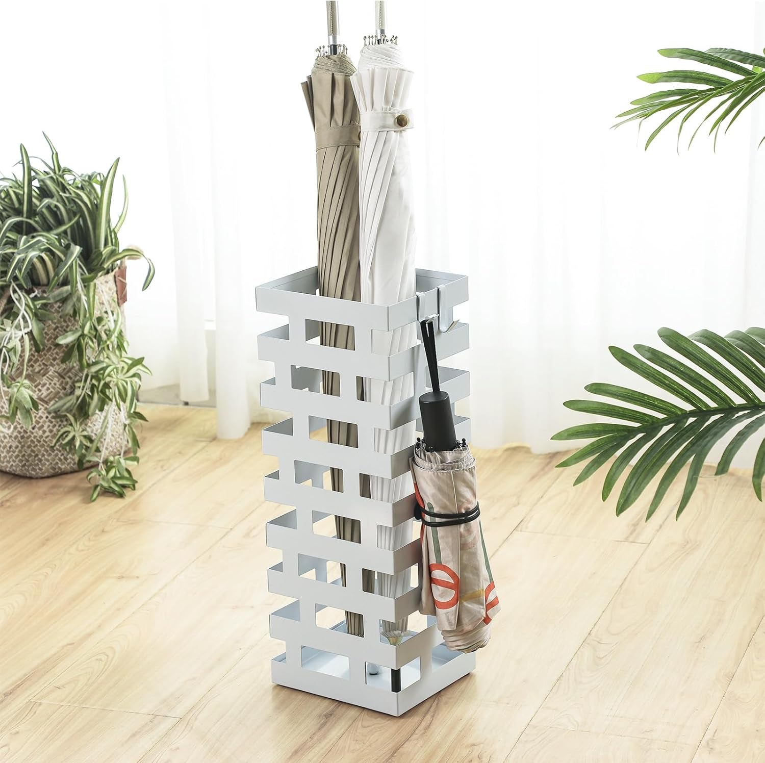 Umbrella Stands for Entryway Large Metal Umbrella Holder 6.3 X 5.5 X 16.5 Inches with Removable Water Tray and Hooks Decor Freestanding Rectangular Storage Hollow Rack for Home Office (White)