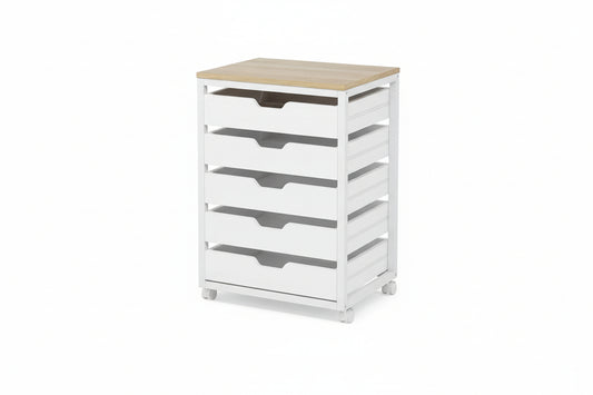5 Drawer Chest, Wood Storage Dresser Cabinet with Wheels, Industrial Storage Drawer Organizer Cart for Office Bedroom Entryway (White, 1 PC)