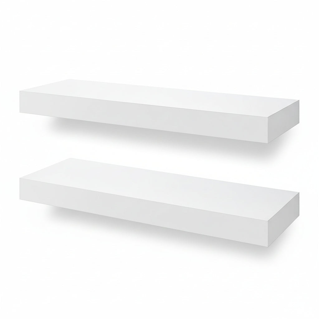 Floating Shelves, White Wall Mounted Wooden Shelves with Invisible Brackets Set of 2, Hanging Wall Shelves Decoration for Bedroom, Bathroom, Living Room and Kitchen