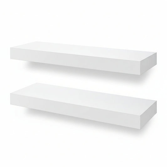 Floating Shelves, White Wall Mounted Wooden Shelves with Invisible Brackets Set of 2, Hanging Wall Shelves Decoration for Bedroom, Bathroom, Living Room and Kitchen