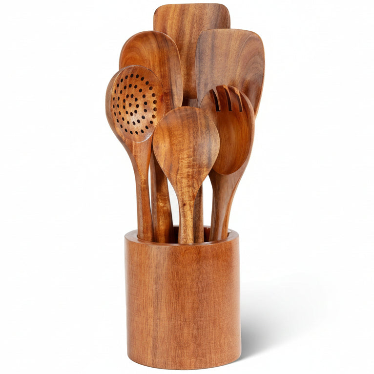 7-Piece Wooden Cooking Spoons Set – Heat-Resistant, Smooth Teak Utensils with Comfort Grip – Lightweight & Durable – Easy to Clean, Perfect for Non-Stick Cookware